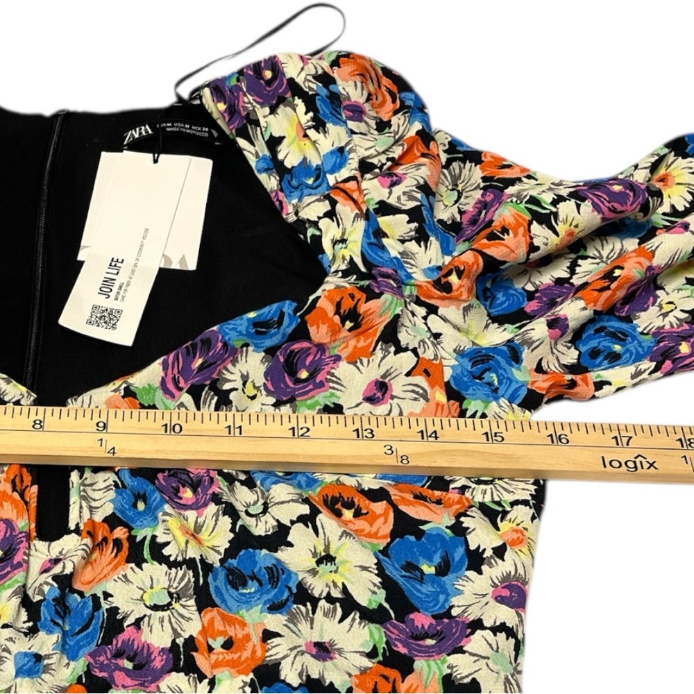 Zara Multicolor Floral Long Sleeve Ruched Mini Dress Size Medium - Picture 5 of 16